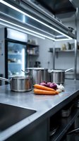 Modern professional kitchen with stainless steel cookware and fresh vegetables on counter, featuring bright LED lighting and contemporary design for culinary and hospitality use.