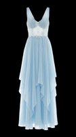 Light blue tulle evening gown with lace bodice and asymmetrical layered skirt, isolated on transparent background for design use, clipart, sublimation, and print-on-demand projects.