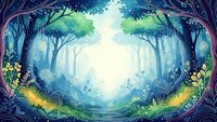 Enchanted forest pathway with mystical blue and green lighting through ancient trees creating magical woodland atmosphere for fantasy storytelling.