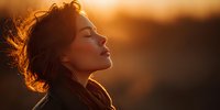 Young woman with curly hair in profile enjoying peaceful moment during golden hour sunset with warm backlighting and serene expression for wellness content.