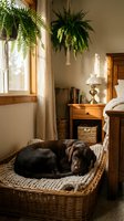 Dark brown dog resting in wicker bed near window with hanging ferns, wooden nightstand with lamp, and natural sunlight in cozy bedroom interior.