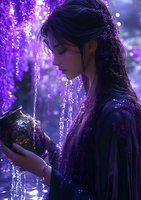 Young Asian woman in purple medieval dress holding ornate vessel amid glowing wisteria flowers and magical light streams in enchanted garden setting.