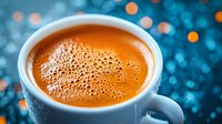 Fresh espresso in white cup with golden crema and tiny bubbles on surface against blurred blue and orange bokeh background, macro food photography.
