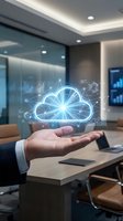 Businessman hand presenting glowing cloud computing hologram with data analytics charts and network connections in modern office conference room.