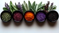Vibrant colorful spices and herbs in black bowls arranged in row with fresh aromatic herbs and flowers above, culinary composition on white background.