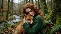 Young woman with curly red hair embracing red fox in enchanted forest setting. Magical woodland scene with moss-covered trees and flowing stream in background.