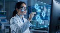 Female scientist analyzing virus molecular structure on holographic display in modern laboratory for medical research and biotechnology development.