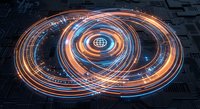 Futuristic holographic interface with glowing orange and blue circular data rings displaying digital information on dark technological surface.