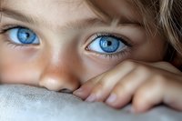 Close-up view of bright blue eyes of young person peeking over soft fabric, capturing innocence and wonder in natural lighting with shallow depth of field.