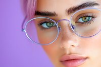 Close up portrait of young woman with green eyes wearing trendy blue round glasses against purple background. Natural makeup and freckled skin create modern beauty look.