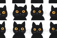 Cute black cats with bright yellow eyes arranged in rows on white background, seamless pattern design for fabric, wallpaper and Halloween decor projects.