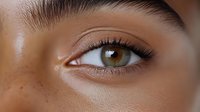 Close up of brown eye with long eyelashes and defined eyebrow showing natural beauty and facial features in soft lighting with smooth skin texture.