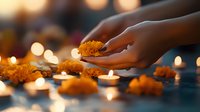 Hands placing marigold flowers and lit candles on water surface, creating spiritual atmosphere with soft bokeh lights and reflections in peaceful setting.