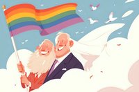 Joyful elderly male couple holding rainbow pride flag against blue sky with white doves, illustration depicting love, acceptance and LGBTQ+ senior representation in warm artistic style.
