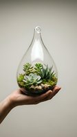 Hand holding glass teardrop terrarium with succulent plants, moss, and stones inside. Closed ecosystem for home decor and gardening.
