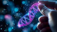 Glowing DNA helix structure in purple and blue neon colors touched by human finger against dark background with bokeh lights and particles.