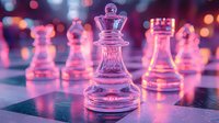 Glass chess queen piece in pink and purple neon lighting with blurred chess pieces in background creating atmospheric composition for strategy concepts.