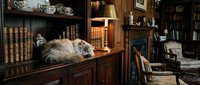 Fluffy tabby cat resting on wooden desk in cozy home library with books, lamp, and vintage decor. Interior design inspiration.