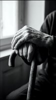 Elderly hands resting on wooden walking cane in black and white monochrome style conveying aging, wisdom, and life experience with natural window lighting.