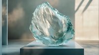Translucent blue-green glass sculpture with organic flowing forms displayed on white pedestal in modern gallery space with natural lighting and shadows.