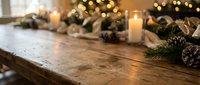 Rustic wooden table decorated with Christmas garland, pinecones and glowing candles creating warm holiday atmosphere for seasonal celebrations.