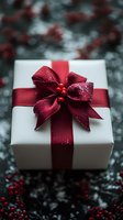 White gift box with sparkling burgundy ribbon bow and festive red berries in background, creating elegant holiday atmosphere for Christmas or Valentine's Day celebration.