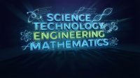 Glowing neon STEM education concept with science technology engineering mathematics text and scientific symbols on dark blue background for academic design.