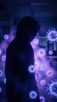 Hooded figure silhouette surrounded by floating virus particles in purple and blue lighting for pandemic awareness and health safety campaigns.