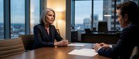 Professional businesswoman in formal suit conducting meeting with male colleague in modern office conference room with city skyline view through windows.
