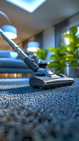 Modern vacuum cleaner on blue carpet in contemporary living room with soft lighting and houseplant, close-up view from floor level perspective.