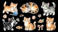Cute cat sticker set with kittens in various poses, isolated on transparent background. Great for scrapbooking, stickers, t-shirt design, print on demand, and clipart projects.