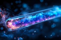 Glowing test tube with magical colorful substance emitting blue and pink light against dark background, surrounded by smoke and bokeh effects.