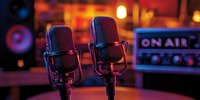 Professional vintage microphones in recording studio with glowing on air sign and warm ambient lighting, creating nostalgic radio broadcast atmosphere.