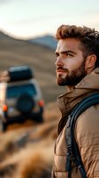 Young bearded Caucasian man in puffer jacket looking into distance during sunset adventure. Off-road vehicle and mountains create outdoor exploration scene.