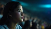 Young Hispanic girl with thoughtful expression watching performance in dark auditorium, illuminated by blue stage lights.