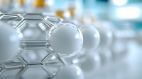 Molecular structure with white spheres connected by silver bonds against blurred background, representing scientific research and chemical compounds in nanotechnology.