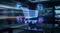 Glowing holographic shopping cart with e-commerce icons floating in futuristic digital space, representing online retail and mobile payment technology.