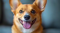 Smiling red Corgi dog with bright blue eyes and pink tongue out against blurred background, close-up portrait showing happy friendly expression.