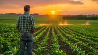 Farmer in plaid shirt standing in young corn field at golden sunset, perfect for agriculture, farming lifestyle, and sustainable development concepts.
