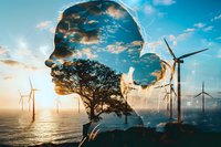 Double exposure silhouette of young man merged with wind turbines and tree at sunset over ocean, representing renewable energy and environmental consciousness.