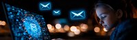 Young Asian woman working at night on laptop with glowing email icons and digital mail symbols floating in dark atmosphere with bokeh lights background.