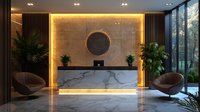 Modern luxury hotel lobby interior with marble reception desk, warm LED lighting, contemporary furniture and tropical plants for hospitality design projects.