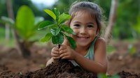 Young Asian girl in aqua top lying on ground holding small green plant seedling in rich brown soil, expressing joy while learning about nature and gardening outdoors.