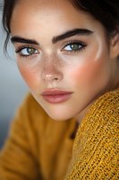 Close-up portrait of young woman with freckles, green eyes and natural makeup wearing mustard yellow sweater against light background, soft beauty lighting.