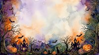 Halloween spooky border frame with pumpkins, bats, haunted houses and bare trees on watercolor background for seasonal design projects.