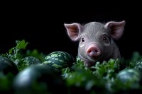 Curious piglet peeking through watermelons in dark moody setting with dramatic lighting, pink snout and ears visible among green foliage and dark background.