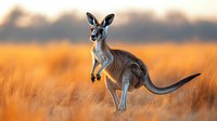 Alert kangaroo standing in golden wheat field during sunset, warm evening light illuminating Australian outback landscape with dramatic sky and natural habitat.