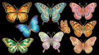 Colorful butterfly collection isolated on transparent background, featuring eight detailed specimens in vibrant hues, ready for stickers, t-shirt design, and print on demand.
