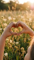 Hands forming heart shape in golden sunlight over wildflower meadow at sunset creating romantic outdoor scene for love and nature concepts.