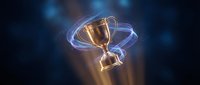 Golden trophy cup with glowing blue energy rings and light beams on dark background for achievement awards and victory celebrations.
